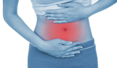 sore belly, shown red, keep handed, isolated on white backgroundの写真素材