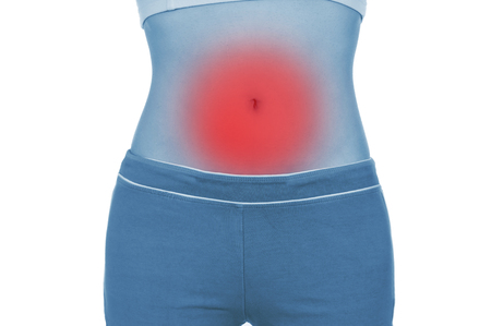 sore belly, shown red, keep handed, isolated on white backgroundの写真素材