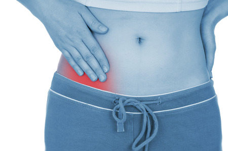sore appendicitis, shown red, keep handed, isolated on white backgroundの写真素材
