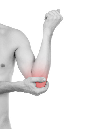 male torso, pain in elbow isolated on white backgroundの写真素材