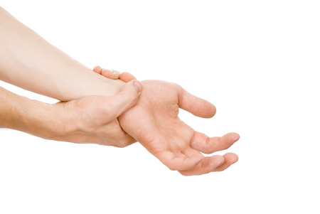 guy, my arm is hurting, wrist isolated on white backgroundの写真素材
