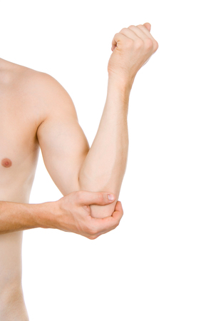 male torso, pain in elbow isolated on white backgroundの写真素材