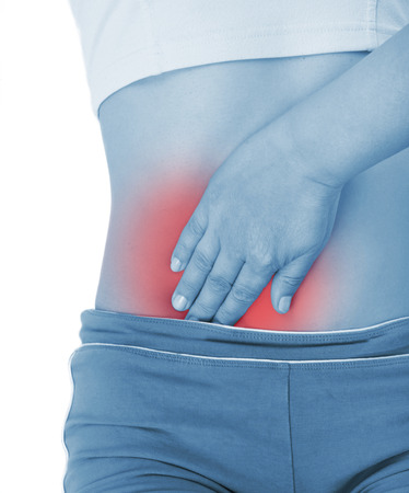sore appendicitis, shown red, keep handed, isolated on white backgroundの写真素材