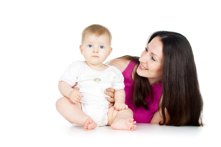 happy mother with a baby isolated on white backgroundの写真素材