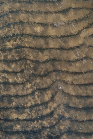 Texture of wave passing over sand ripples on sea bottom with clear transparent water bubbles and...