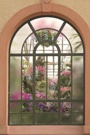 Window with arch of the conservatory with many flours inside in bright light with plain and textured glassの写真素材
