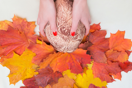 A jug with different leaves in the hands of a womanの写真素材