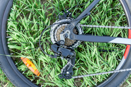 Wheel of a bicycle on the grassの写真素材