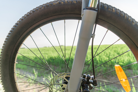 Wheel of a bicycle on the grassの写真素材