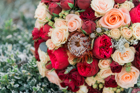 Bouquet of flowers. The bride's bouquet. Bridal bouquet. Floristics. Wedding bouquet from different colors.の写真素材