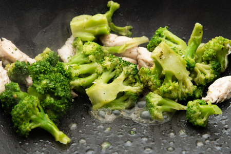 Broccoli fry in a pan with slices of meat. Chicken meat with broccoli. Useful breakfast.の写真素材