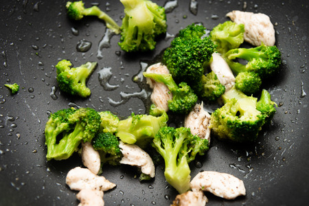 Broccoli fry in a pan with slices of meat. Chicken meat with broccoli. Useful breakfast.の写真素材