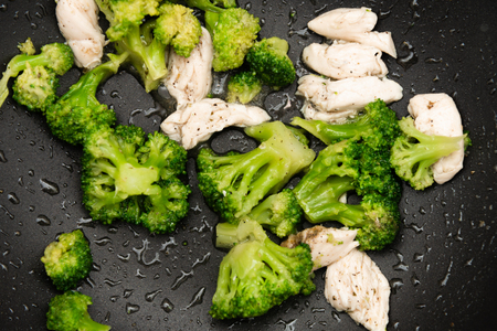 Broccoli fry in a pan with slices of meat. Chicken meat with broccoli. Useful breakfast.の写真素材