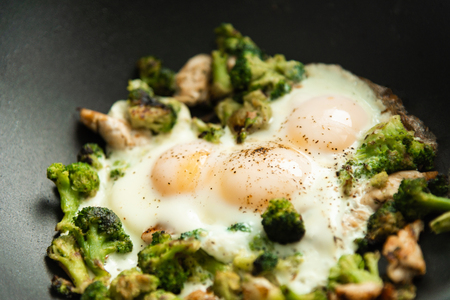 Fried eggs with broccoli and chicken meat. Healthy breakfast. Breakfast in a pan.の写真素材