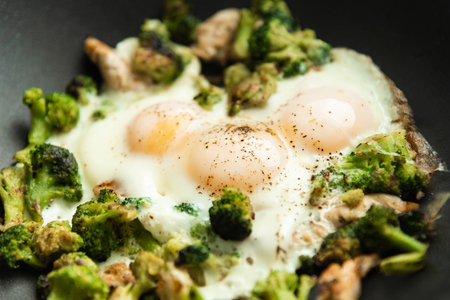 Fried eggs with broccoli and chicken meat. Healthy breakfast. Breakfast in a pan.の写真素材