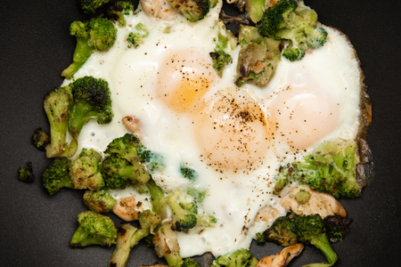 Fried eggs with broccoli and chicken meat. Healthy breakfast. Breakfast in a pan.の写真素材