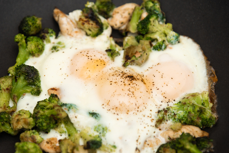 Fried eggs with broccoli and chicken meat. Healthy breakfast. Breakfast in a pan.の写真素材