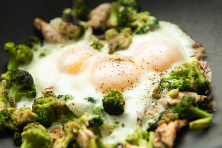 Fried eggs with broccoli and chicken meat. Healthy breakfast. Breakfast in a pan.の写真素材