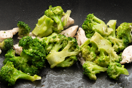 Broccoli fry in a pan with slices of meat. Chicken meat with broccoli. Useful breakfast.の写真素材
