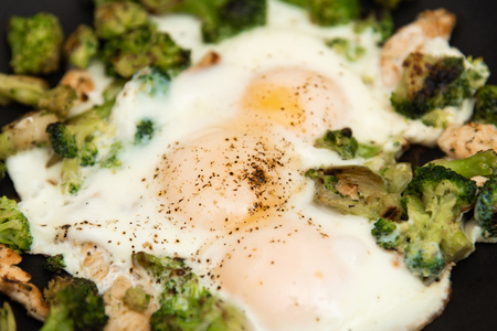 Fried eggs with broccoli and chicken meat. Healthy breakfast. Breakfast in a pan.の写真素材