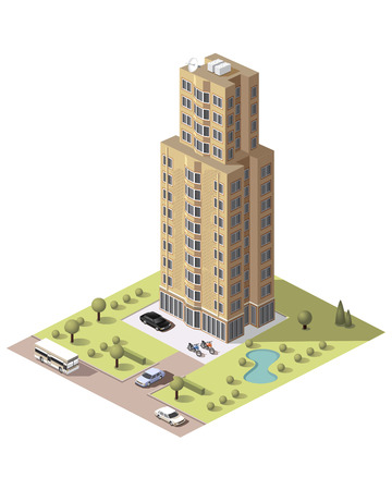 Set vector isometric tile buildings and other structures with areas and elements of the landscapeのイラスト素材