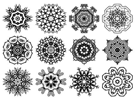 Indian vector ornaments mandala pattern, mix of snowflakes flowers and geometrical shapes and repeated symbolsのイラスト素材