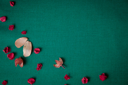 green background with dry red flower. red of dried flowers on green sackcloth background, copy space. Abstract holiday frame with dried flowers on green background.Top view point.の写真素材