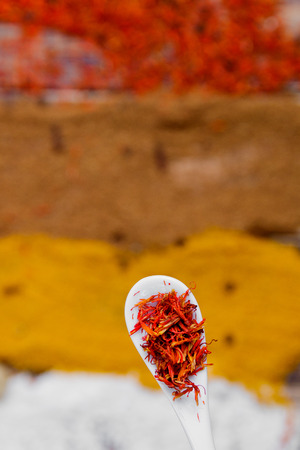 White spoon with saffron on different colorful spices background.  Various spices selection. Closeup. Copy Spaceの写真素材