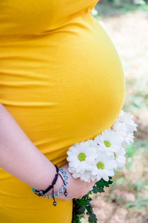 Close up on tummy of pregnant woman, wearing yellow dress, holding in hands bouquet chamomile flowers outdoors, new lifeの写真素材