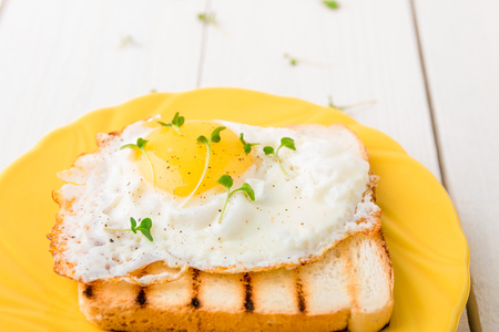 Toast with egg in yellow plate with Micro-greenery on white wooden background. Healthy breakfastの写真素材