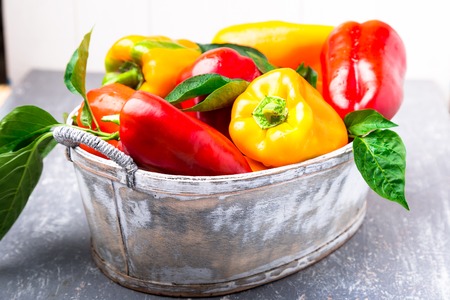 Red and Yellow Bell Peppers in grey basket. Healthy Organic Vegetables. Close upの写真素材