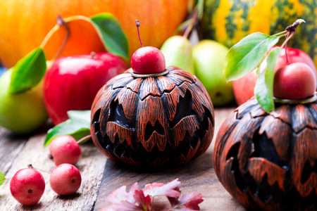 Jack-o-lantern on wooden background.の写真素材