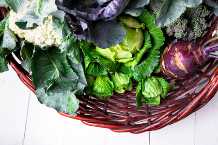 Various of Cabbage Broccoli Cauliflower. Assorted of Cabbages in Basket.の写真素材