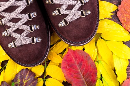 Brown man suede  boots on wooden background with leaves. Flat lay. Autumn or winter shoes