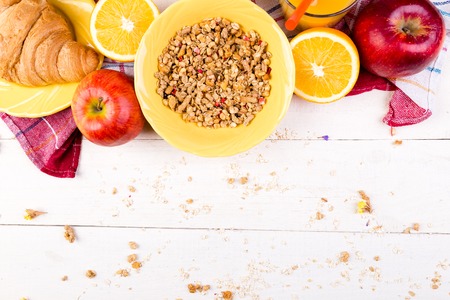 Healthy Breakfast. Various Assortment Set. Orange Juice, Granola, Croissant, and Fruit.の写真素材