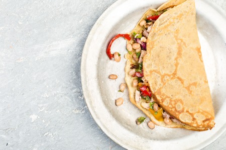 Savoury Buckwheat Pancake with White Beans, Red and Yellow Bell Pepper, Parsley and Chicken. Mexican...