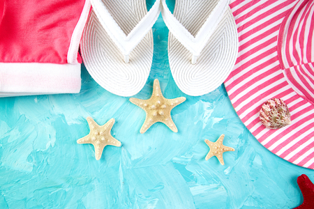 Set of Woman's things accessories, flip flops, shorts, hat,  summer season. Vacation outfit. Flat layの写真素材