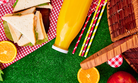 Picnic on the grass. Red checked tablecloth, basket, healthy food sandwich and fruit, orange juice. Top view.  Summer Time Rest. Flat lay.の写真素材