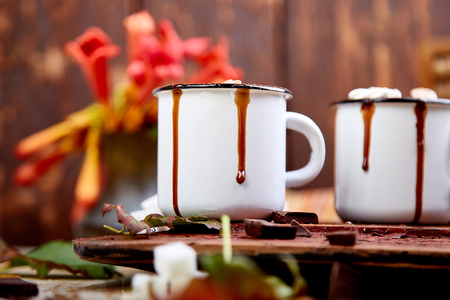 Hot chocolate with marshmallow candies on wooden background.  Winter time. Holiday concept, Selective focus. Christmas.の写真素材