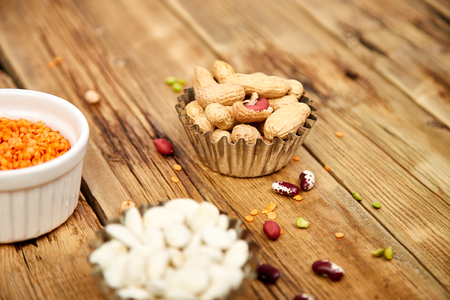 Bowls of various legumes red turkish lentilsの写真素材