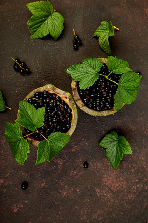 Blackcurrant berries with leaves, black currant in green bowls. Top view. Copy space. Flat lay. Summer or spring concept. Harvest.の写真素材