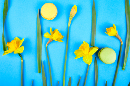 French delicacy, macaroons colorful with spring blossom. Bouquet flowers narcissus and sweets or cake macarons. Good morning. Woman or mother Day. Greeting card. Spring is coming. Cope space. Flat layの写真素材