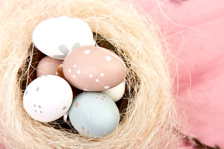Easter eggs in the nest on pink  with willow branch.