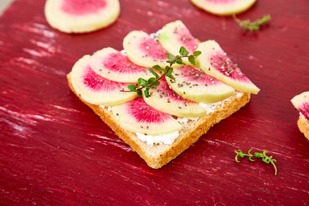 Healthy breakfast toasts from sliced watermelon radish or chinese daikon, chia and cottage cheese on red background. Copy space.の写真素材