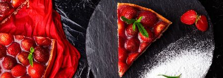 Banner with Strawberry pie on black slate plate. Dessert. Valentine Day. One piece. Top viewの写真素材