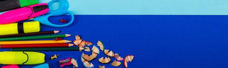 Banner of School or office stationery on colorful background. Back to School. Frame, copy space. Top view. supplies Flat layの写真素材