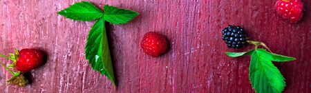 Banner of Blackberry and raspberry on red wooden background. Top view. Frame. Flat lay.