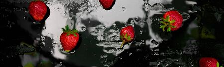 Banner of Whole strawberries on black  with water drops.の写真素材