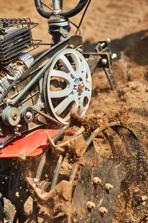 Man working in the garden with Garden Tiller. Garden tiller to work, close up. Man with tractor...