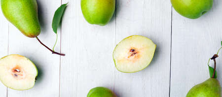 Banner of Pears background on white wooden table. Flat lay.の写真素材